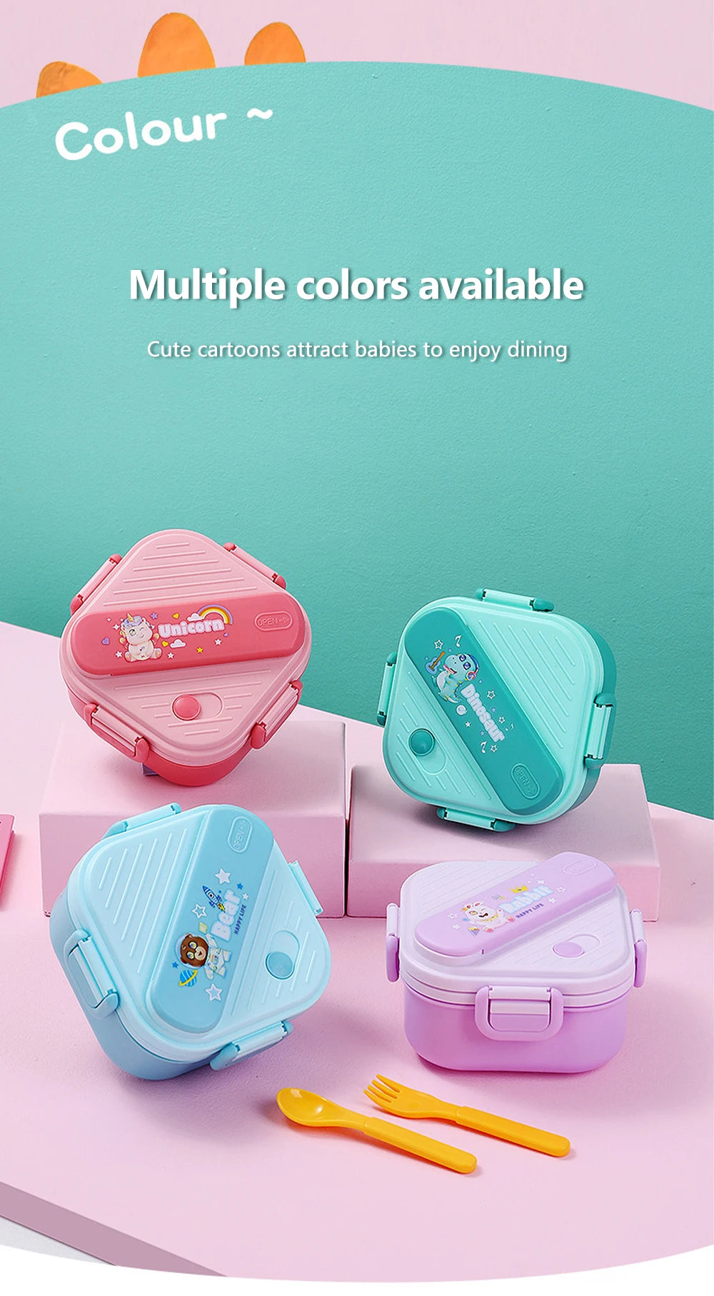 Lancheira de unicórnio com 3 grades para crianças, estudantes, sanduíche, frutas, recipiente para armazenamento de alimentos, caixa de bento de desenho animado para acampamento escolar
