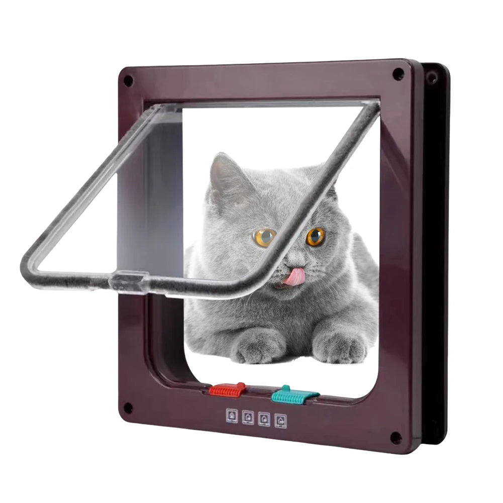 Portão pequeno de plástico ABS para animais de estimação com trava de segurança de 4 vias, porta fina transparente para gatos, porta deslizante para animais de estimação e aba para gatos à prova de intempéries