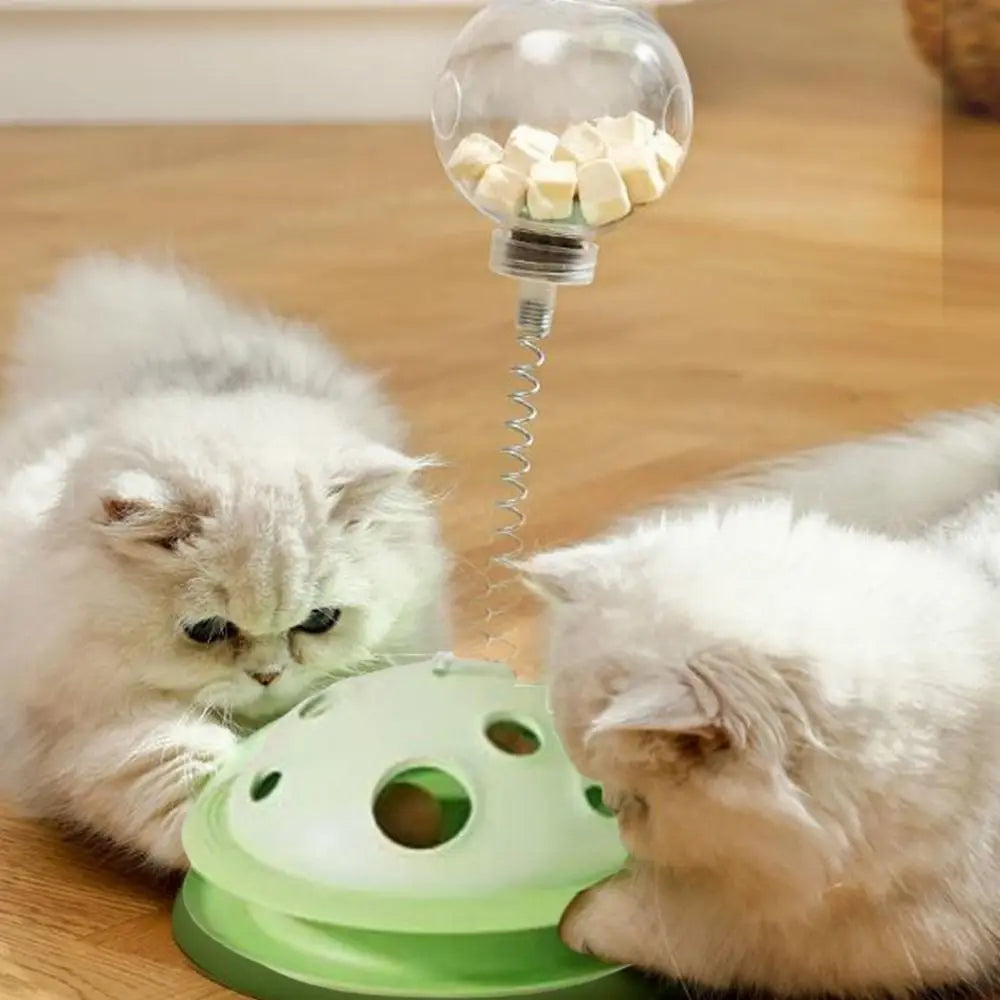 Bola de comida de plástico para gatos, brinquedo interativo com haste de mola, bola de brinquedo giratória destacável para gatos
