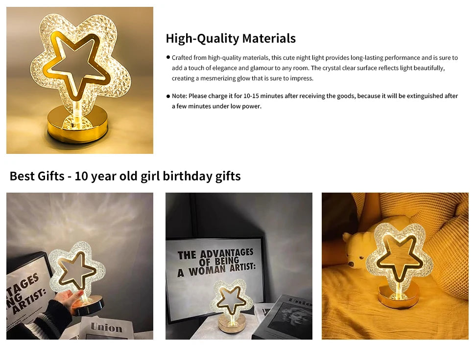 Luminária de mesa com estrela e lua, LED, iluminação decorativa, luz noturna, recarregável por USB, luz de cabeceira, luz noturna com lua e estrela