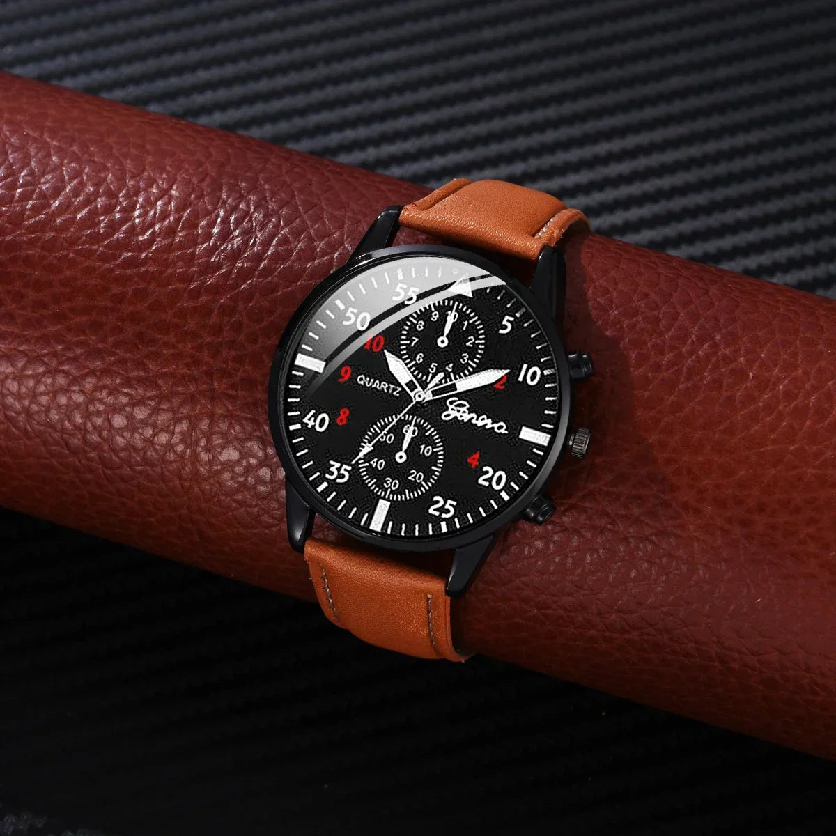 Conjunto de relógios esportivos masculinos 4/2/1 peças, relógio de pulso de quartzo luxuoso com pulseira de couro marrom, relógio casual masculino (sem caixa)