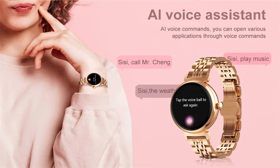 Relógio inteligente feminino moderno com tela AMOLED de 1,04 polegadas, tela sempre exibida, chamada Bluetooth, corpo de metal, tela pequena