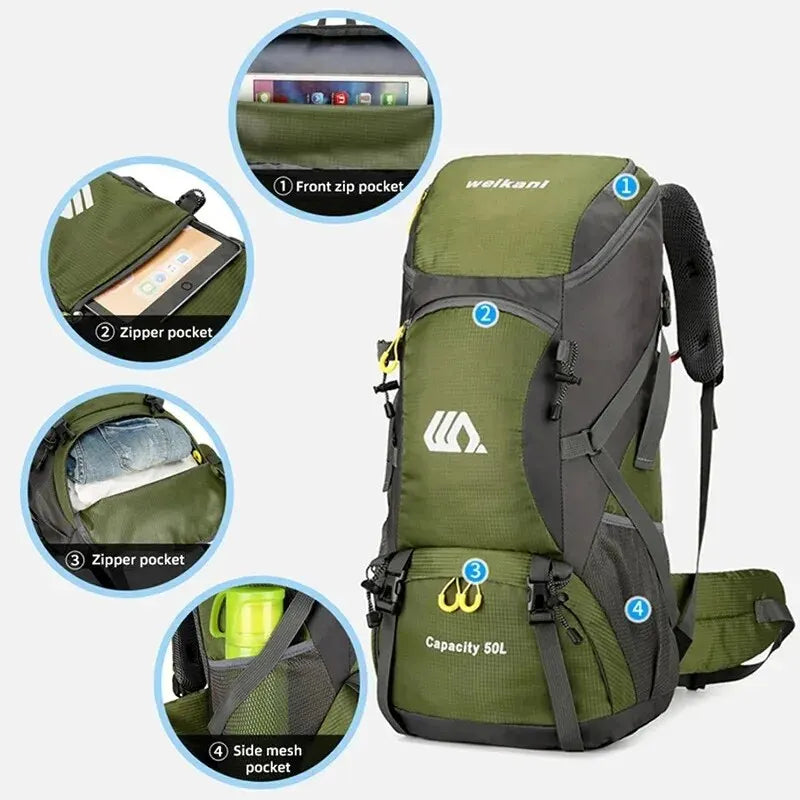 Mochila de viagem 50L para acampamento, bolsa grande para caminhada, mochila turística à prova d'água para esportes ao ar livre, escalada e montanhismo