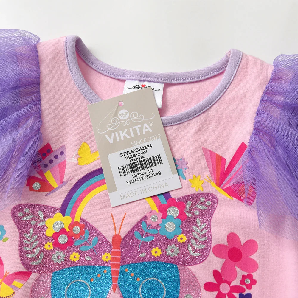 VIKITA Kids Butterfly Flower Print Flare Sleeve Dress Kids Pink Summer Party Vacation Beach Princess Dresses for Kids Clothing