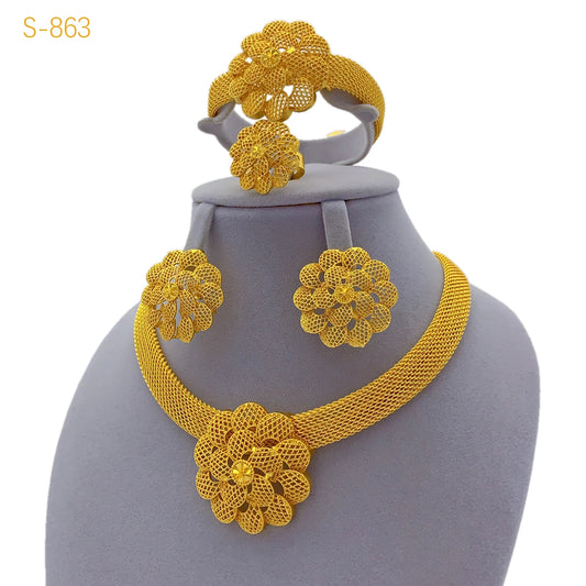 Conjunto de colar de flores de luxo Xuhuang para mulheres, conjunto de joias africanas banhadas a ouro, joias indianas, presentes de aniversário