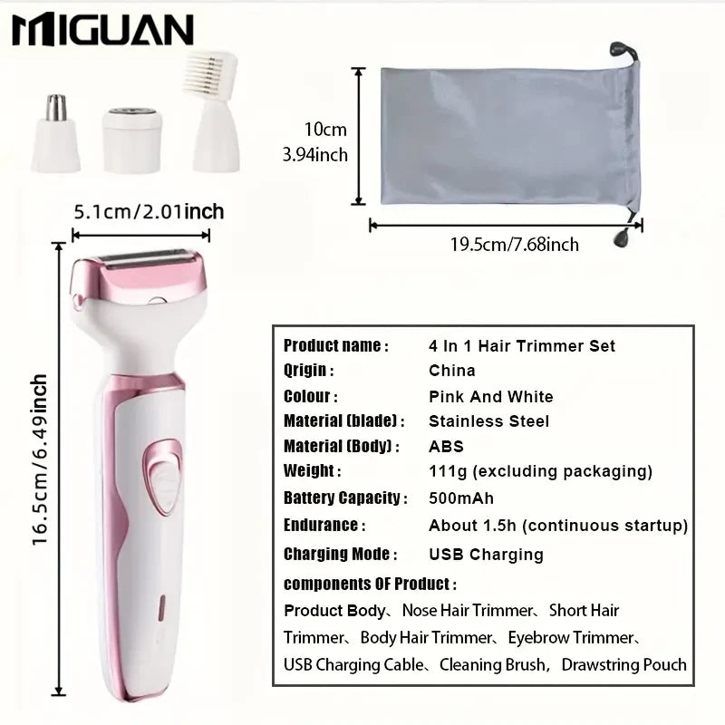 Depilador elétrico feminino 4 em 1/Conjunto de depilador elétrico multifuncional feminino/Aparador de biquíni feminino/Recarregável por USB