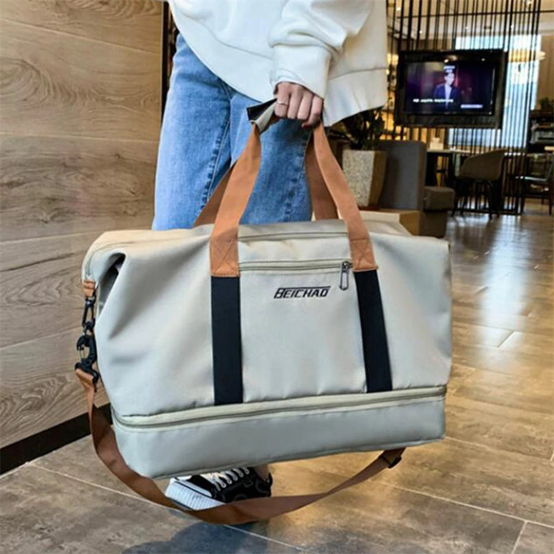 Bolsa de viagem masculina e feminina de grande capacidade para bagagem de mão, separação seco-molhado, bolsa esportiva de fitness, pacote de viagem de curta distância