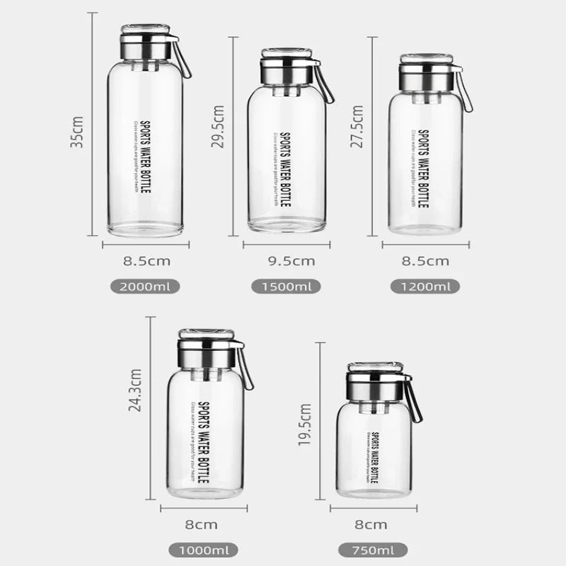 Garrafa de vidro grande de 2L para água, copo transparente para suco de leite, copo portátil à prova de vazamento para bebidas, chá, garrafa de vidro de 2L