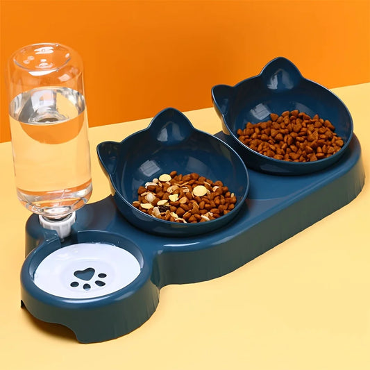 Tigelas para animais de estimação com alimentador de água, design 3 em 1 para orelhas, conjunto de tigelas de água e comida para gatos com garrafa de água por gravidade para proteção do pescoço