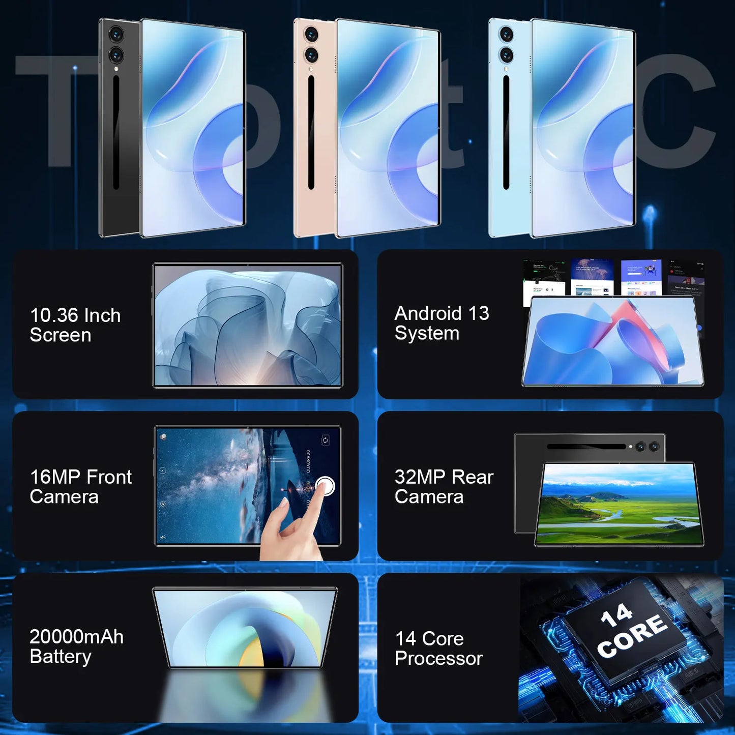 Tablet Android 2025, 20000mAh, 10,36 polegadas, versão global, 22 GB + 2 TB, nova rede, 14 núcleos, Android 13.0, Wi-Fi