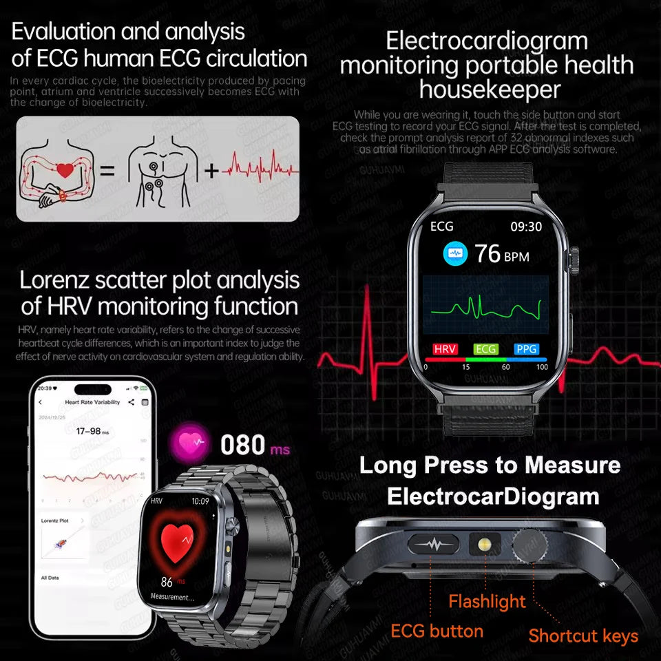 Novo relógio inteligente 2025 com rastreador de saúde, ácido úrico, lipídios, componentes sanguíneos, pressão arterial, ECG + PPG, relógio de análise corporal, relógio inteligente masculino
