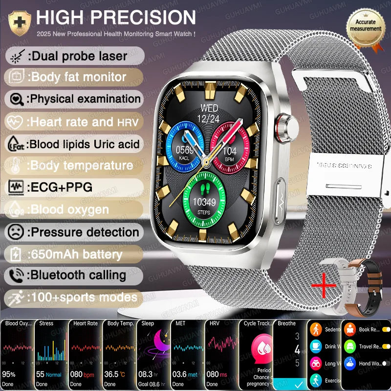 Novo relógio inteligente para Android e iOS, monitor de saúde, masculino e feminino, com precisão de ECG e PPG para ácido úrico e pressão arterial, análise de órgãos e corpo, 2025