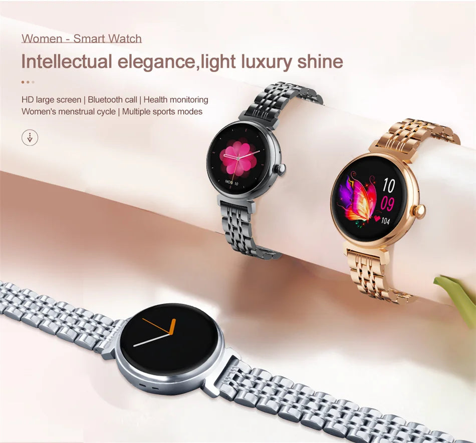 Relógio inteligente feminino moderno com tela AMOLED de 1,04 polegadas, tela sempre exibida, chamada Bluetooth, corpo de metal, tela pequena