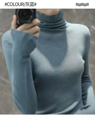 Novo suéter de caxemira feminino outono/inverno 2023, gola alta, suéter ultrafino de lã com pelo