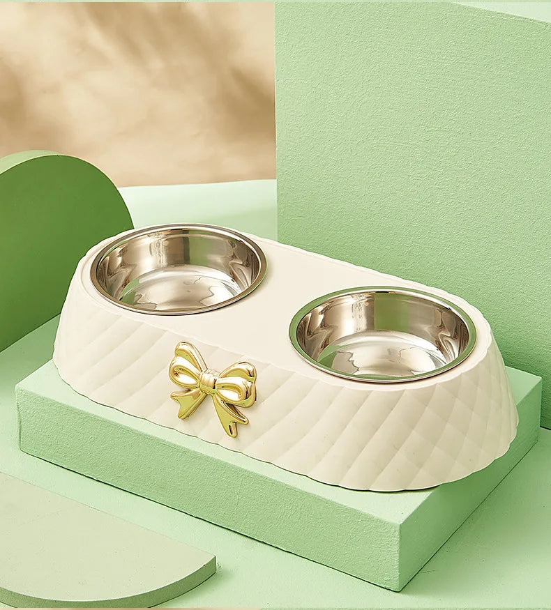 Tigela de comida para gatos com base de PP e laço, alimentador de gatos em aço inoxidável, tigela dupla para alimentação de cães e bebedouros, suprimentos para animais de estimação