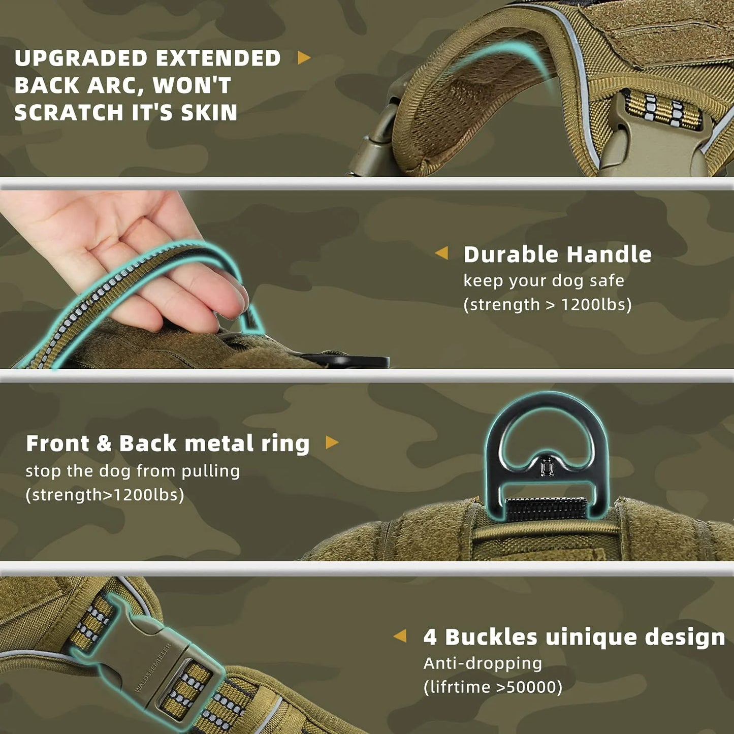 Arnês tático para cães, sem puxar, ajustável e respirável, colete MOLLE para cães de médio e grande porte, refletivo, militar