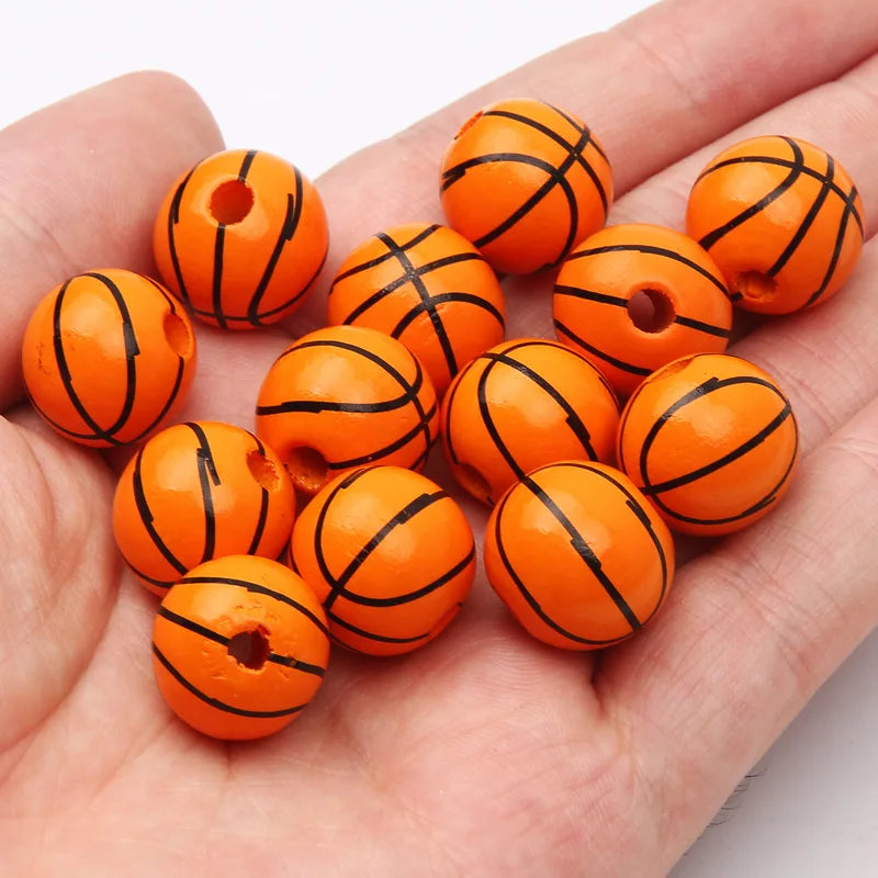 10 peças de contas espaçadoras de beisebol de basquete de 16 mm, bolas redondas de madeira para fazer pulseiras e colares, suprimentos para joias faça você mesmo