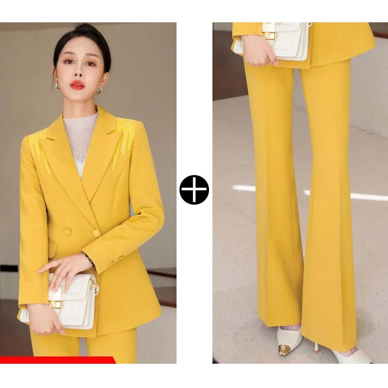 Yitimuceng Conjunto de 2 peças feminino para escritório, nova moda 2025, blazers de manga comprida com lantejoulas, calças flare de cintura alta chiques