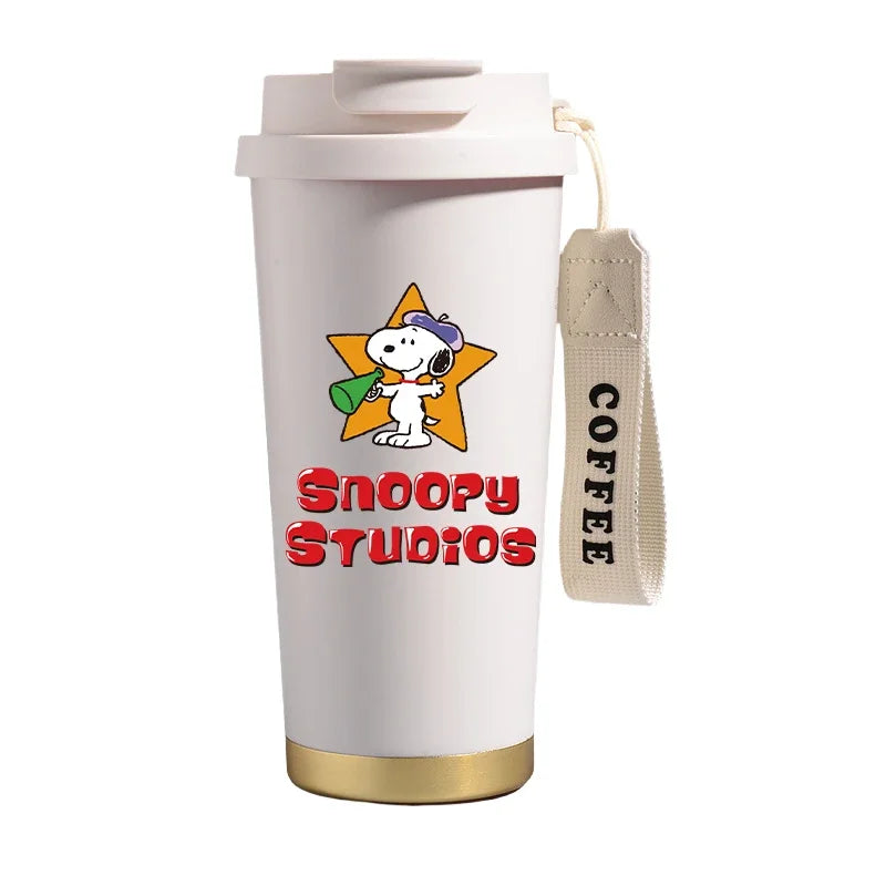 Garrafa térmica de aço inoxidável Snoopys 500ml, anime Kawaii, portátil, viagem, ar livre, carro, chá, café, caneca térmica fria