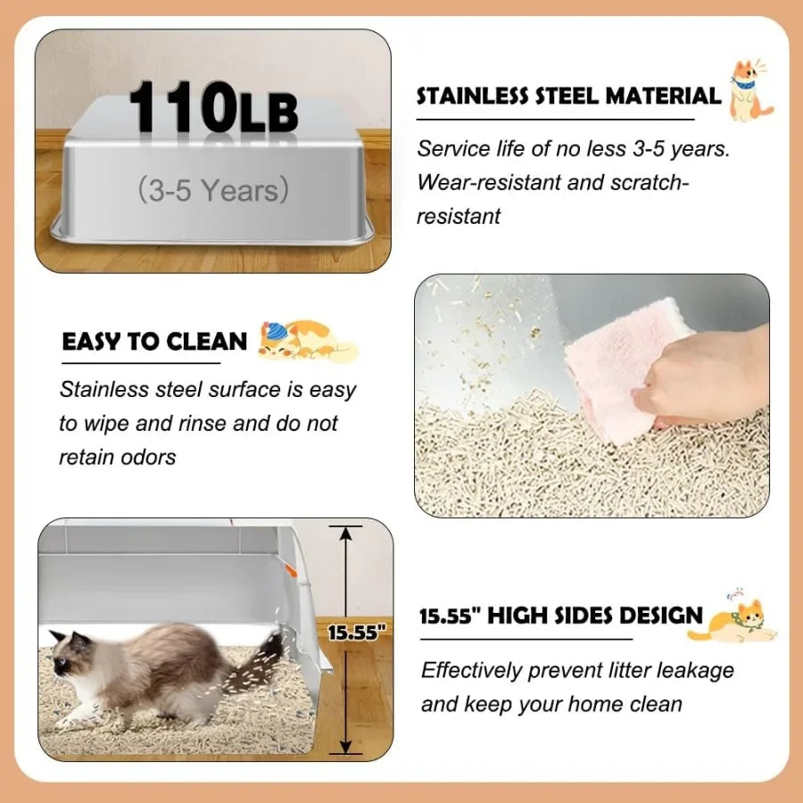 Caixa de areia extra grande de aço inoxidável com tampa para gatos grandes e gatinhos, design de entrada lateral com compartimento lateral alto removível