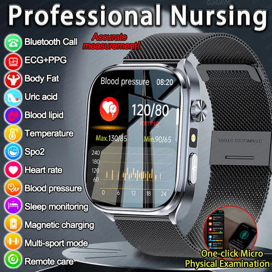 Novo relógio inteligente masculino 2025, pressão arterial, saúde, oxigênio no sangue, ácido úrico, lipídios, rastreador de fitness, relógios Bluetooth, chamada, ECG, smartwatch