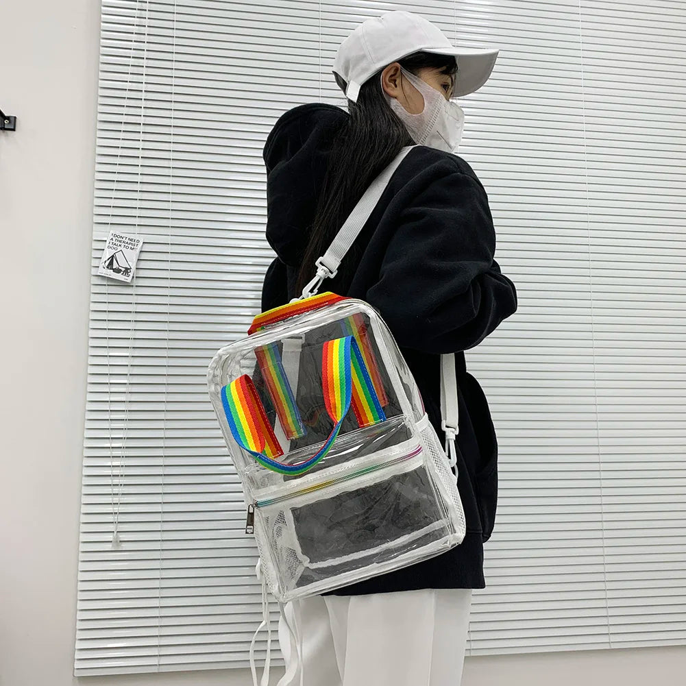 Mochila transparente de PVC para esportes ao ar livre, fitness, casual, viagem, visível, grande capacidade, à prova d'água, alça superior, mochila escolar