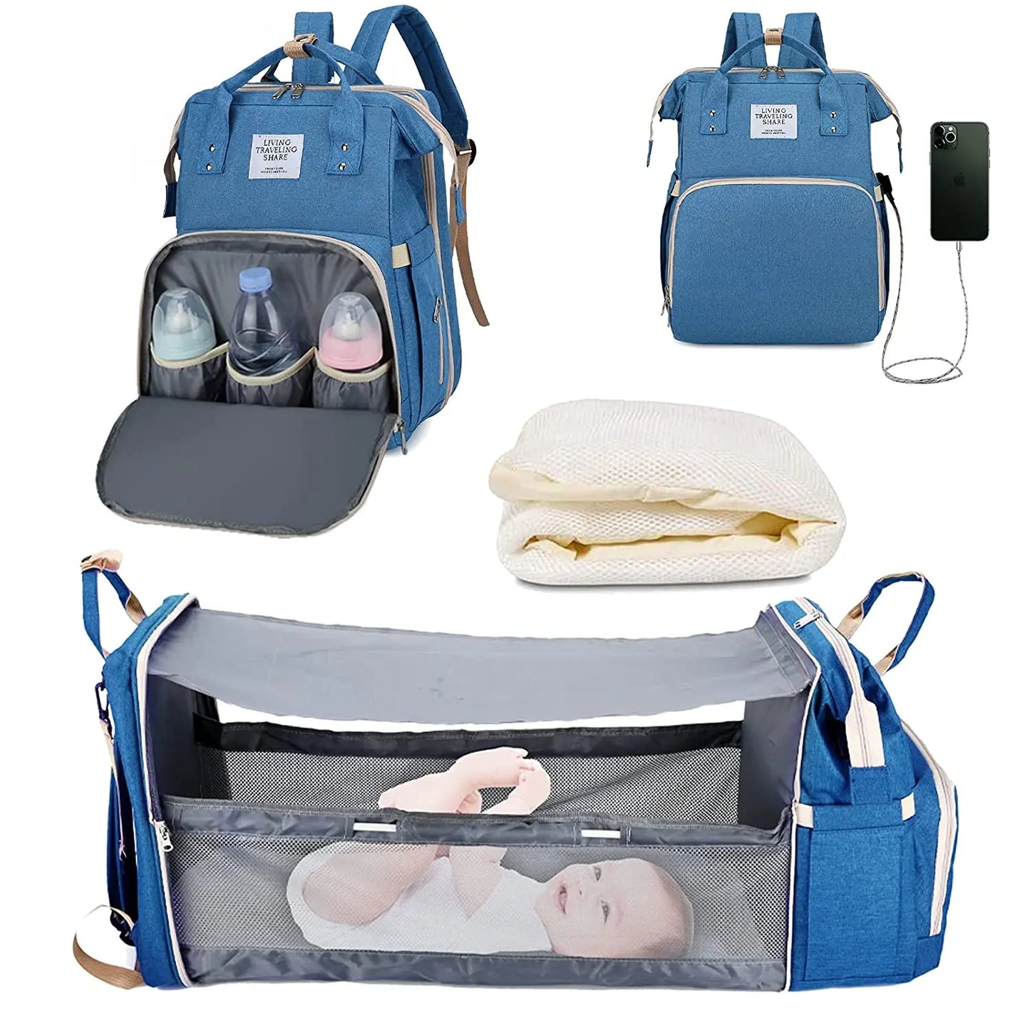 Mochila para fraldas 3 em 1, dobrável, para berço de bebê, à prova d'água, com carregador USB, mochila para fraldas e trocador, 3 tipos