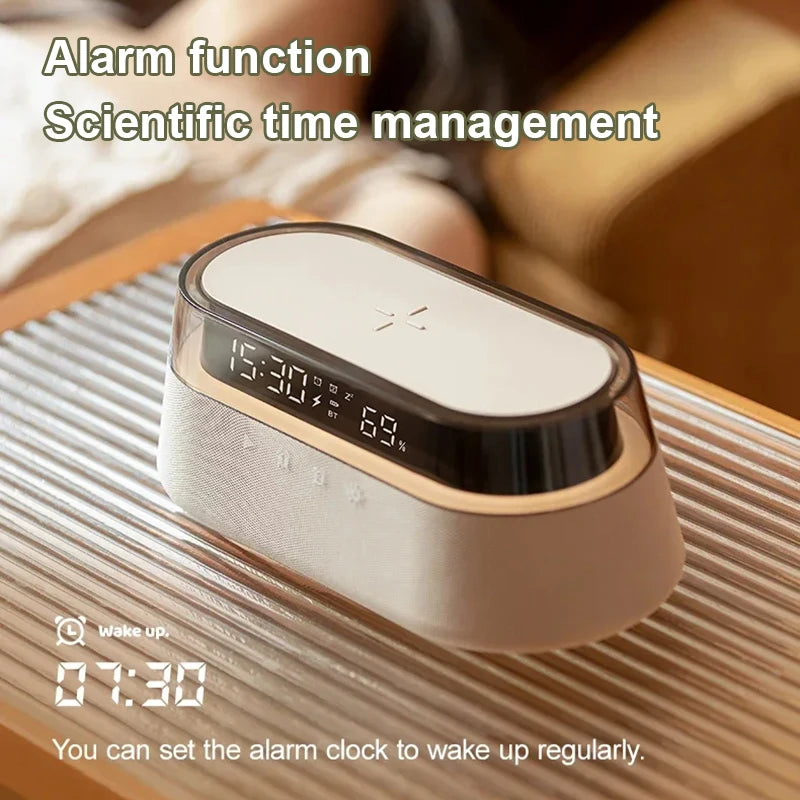 Despertador inteligente 6 em 1 - Carregador sem fio de 15 W, alto-falante Bluetooth, rádio FM, alarme duplo, carregador USB e luz noturna RGB