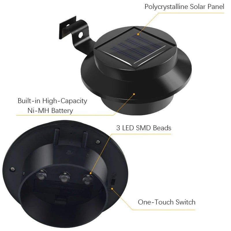 Luminária de parede à prova d'água com energia solar 3LED para calha, luz noturna branca e quente para cerca, caminho de jardim, luminária LED decorativa para acampamento