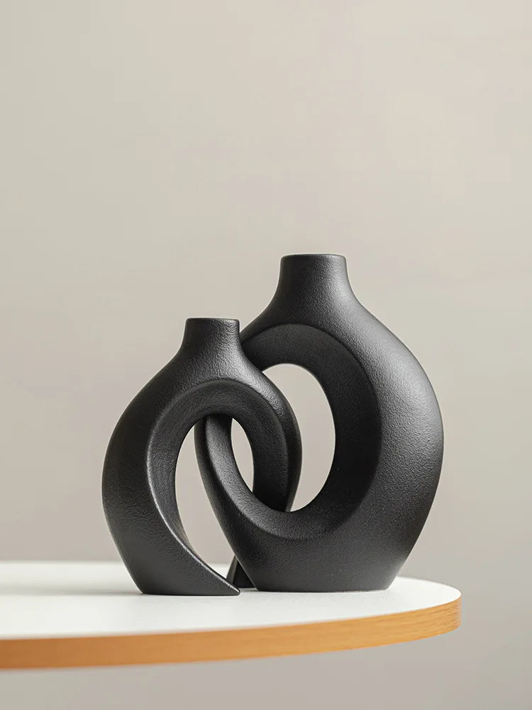 Vaso de cerâmica vazado, 2 para decoração moderna de casa, vaso estilo donut boho, vaso decorativo minimalista preto e branco