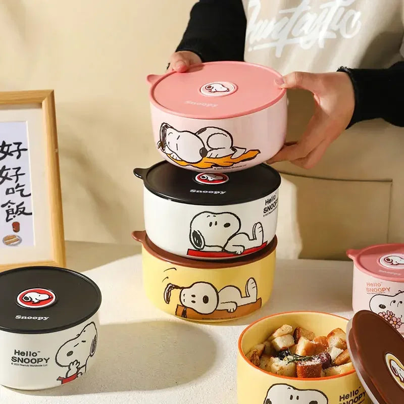 Tigela de segurança periférica de desenho animado do Snoopy, caixa de cerâmica selada com tampa, pode ser levada ao micro-ondas e portátil para trabalhadores de escritório