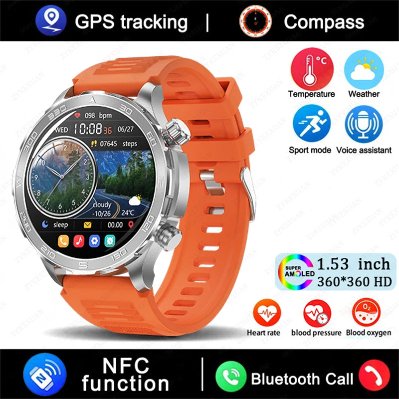 Novo relógio inteligente masculino com GPS e Bluetooth, tela AMOLED HD, frequência cardíaca, NFC, IP68, à prova d'água, esportivo, para Android e iOS, 2025
