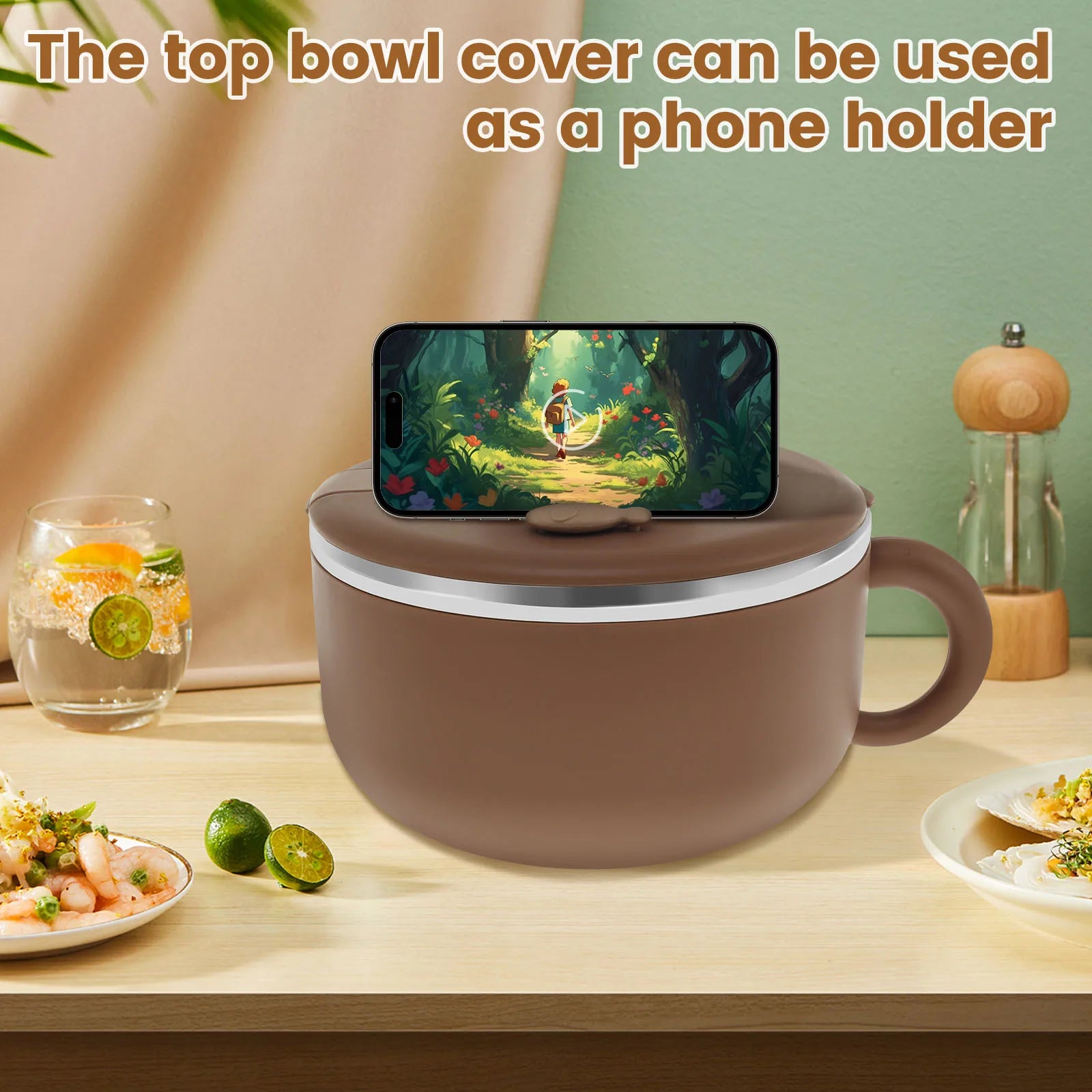 1200ml Ramen Bowl with Lid Sealed Ramen Cooker Bowl with Handle and Fork Insulated Noodle Bowl Practical Instant Serving Bowl