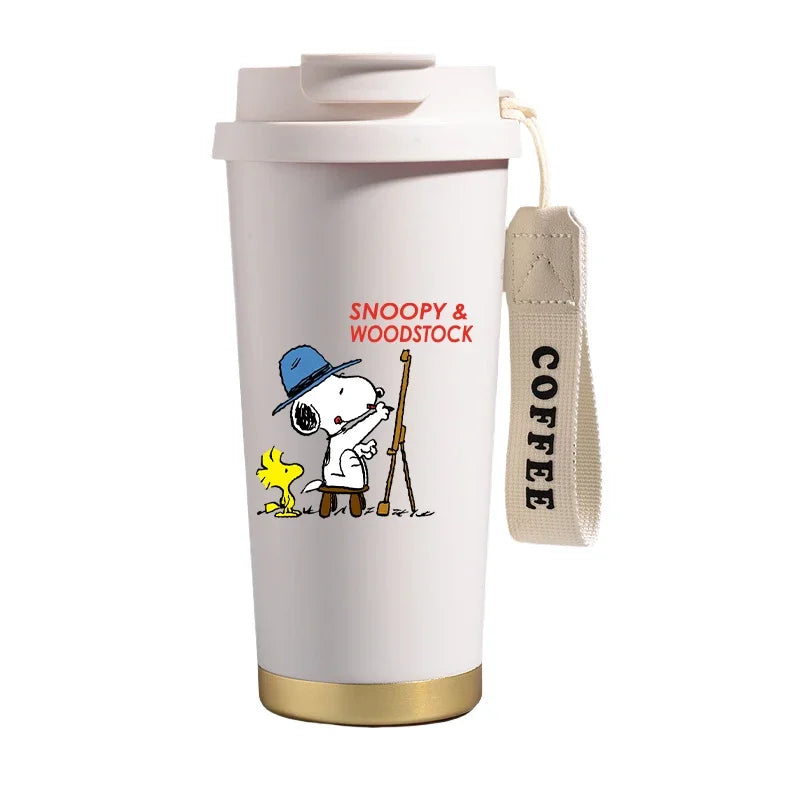 Garrafa térmica de aço inoxidável Snoopys 500ml, anime Kawaii, portátil, viagem, ar livre, carro, chá, café, caneca térmica fria