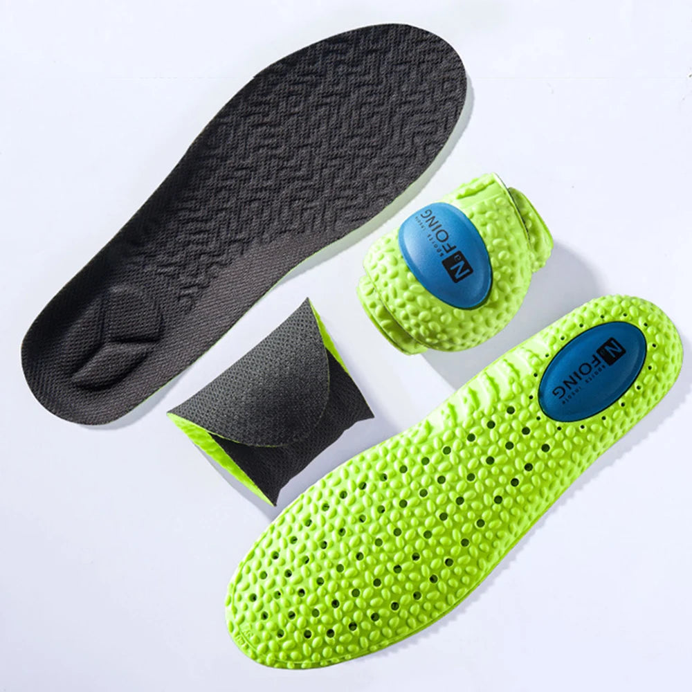 Palmilha esportiva de absorção de choque, espuma de memória de PU verde, suporte de arco respirável, almofada para calçados ortopédicos, homens e mulheres, cuidados com os pés