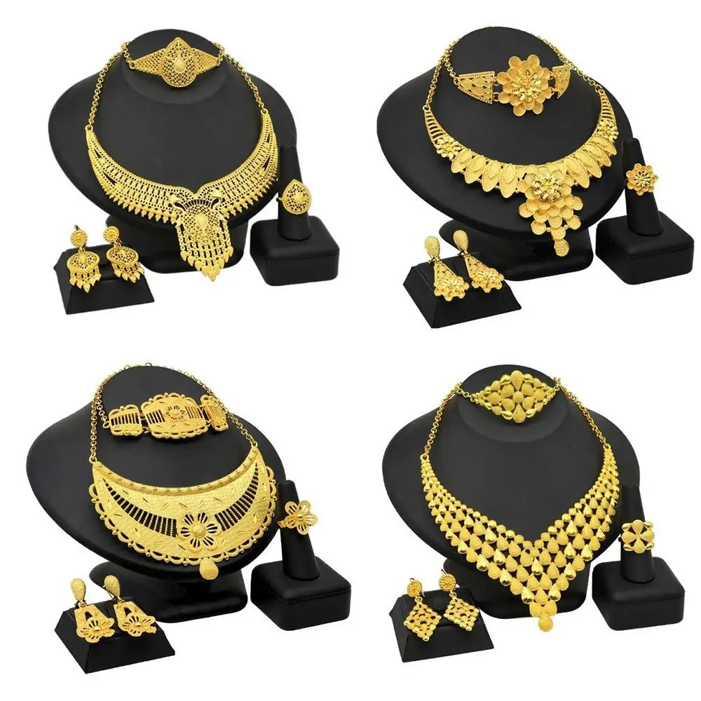 Conjunto de 4 peças de joias indianas banhadas a ouro para noivas, conjunto de colar/brincos/pulseira/anel feminino de luxo e alta qualidade, durável