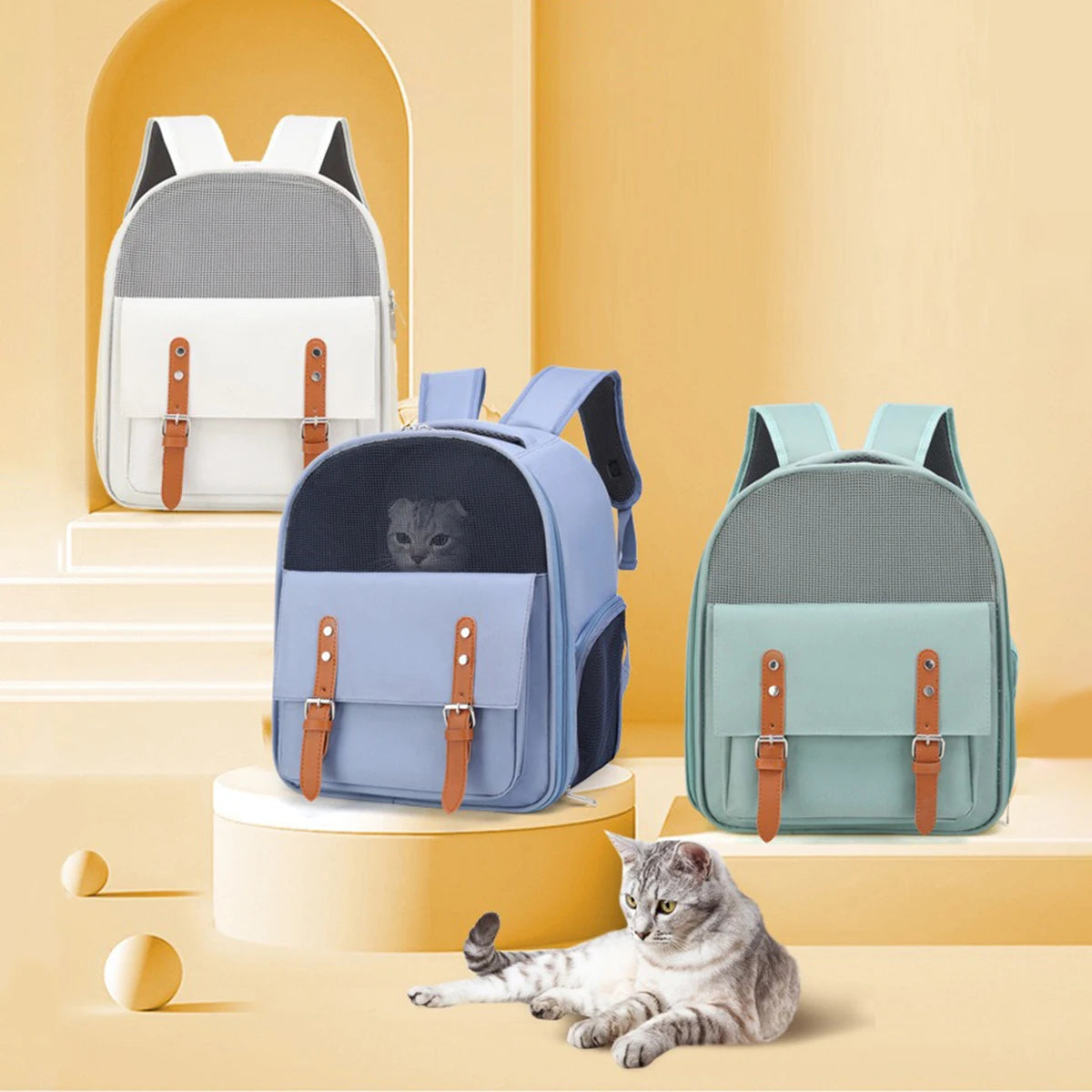Mochila portátil para transporte de gatos - Oxford respirável e malha, alças ajustáveis ​​39 x 32 x 25 cm (15,3 x 12,5 x 9,8 pol.) para veterinário/viagem