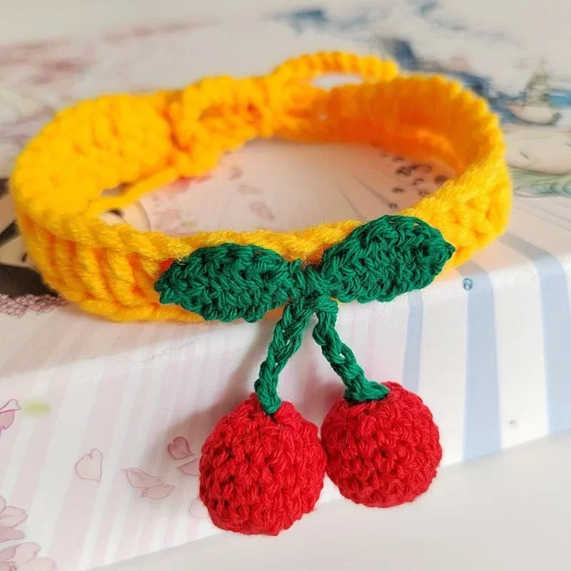 Pet Collar Handmade Knitted Cat Collar With Cherry Decor Cute Cat Necklace Cat Supplies ошейник для кошек  para gatos accesorios
