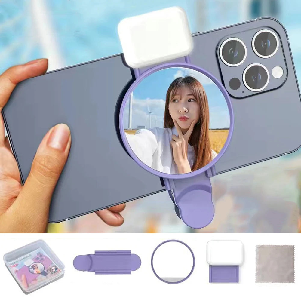 Espelho de anel universal para câmera de celular com luz traseira, refletor para selfies, luz de maquiagem com clipe e bolsa de armazenamento, reflexão HD