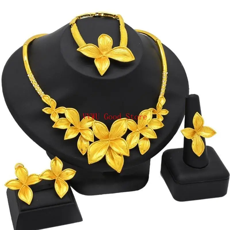 Conjunto de joias florais com strass dourados resistentes, acessório de moda portátil para noivas e festas noturnas
