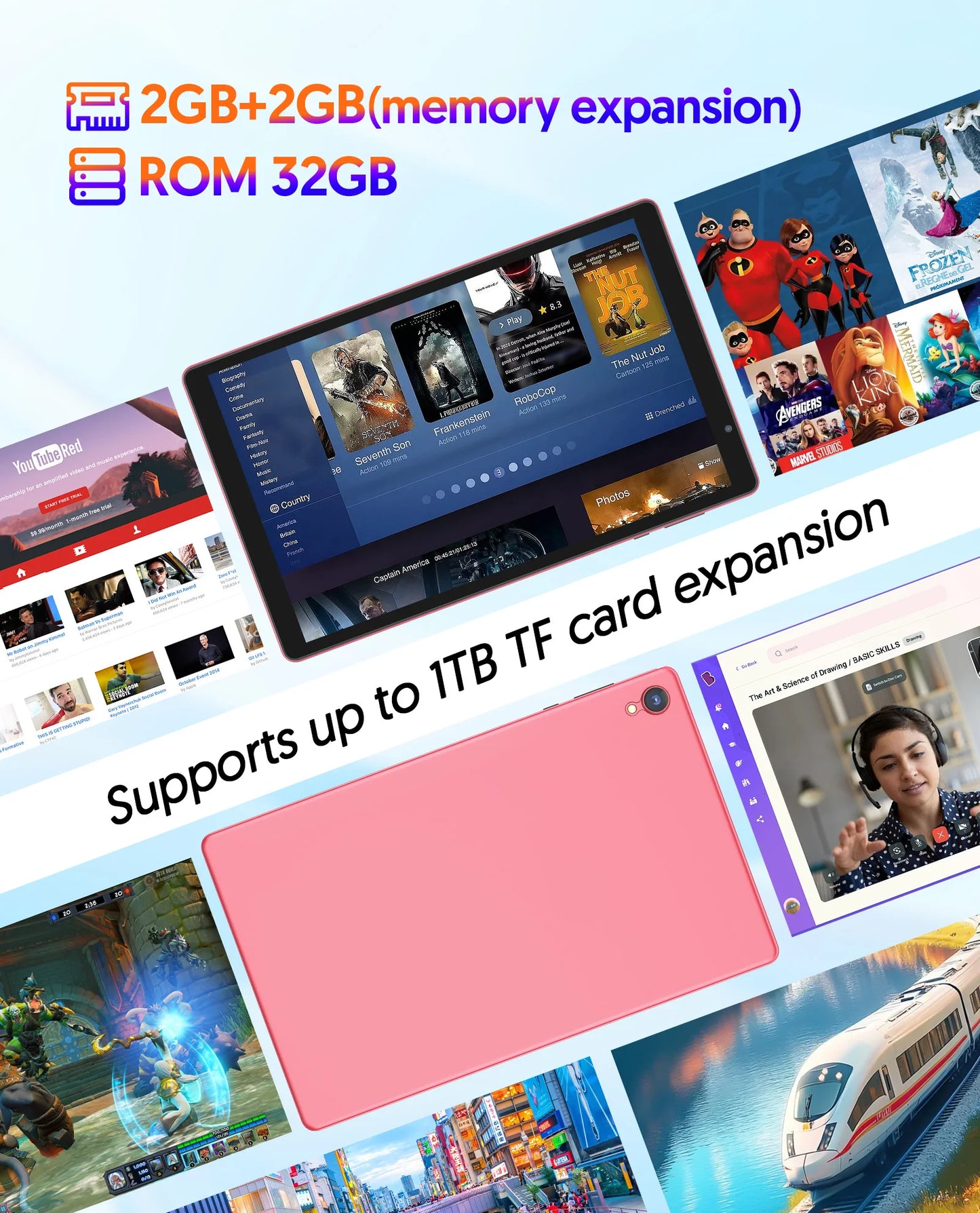 Tablet Android de 10 polegadas, 4 GB (expansão de memória 2 g + 2 g) RAM + 32 GB ROM, tela IPS de 1280 x 800, câmeras duplas, WiFi, Bluetooth, alto-falante duplo