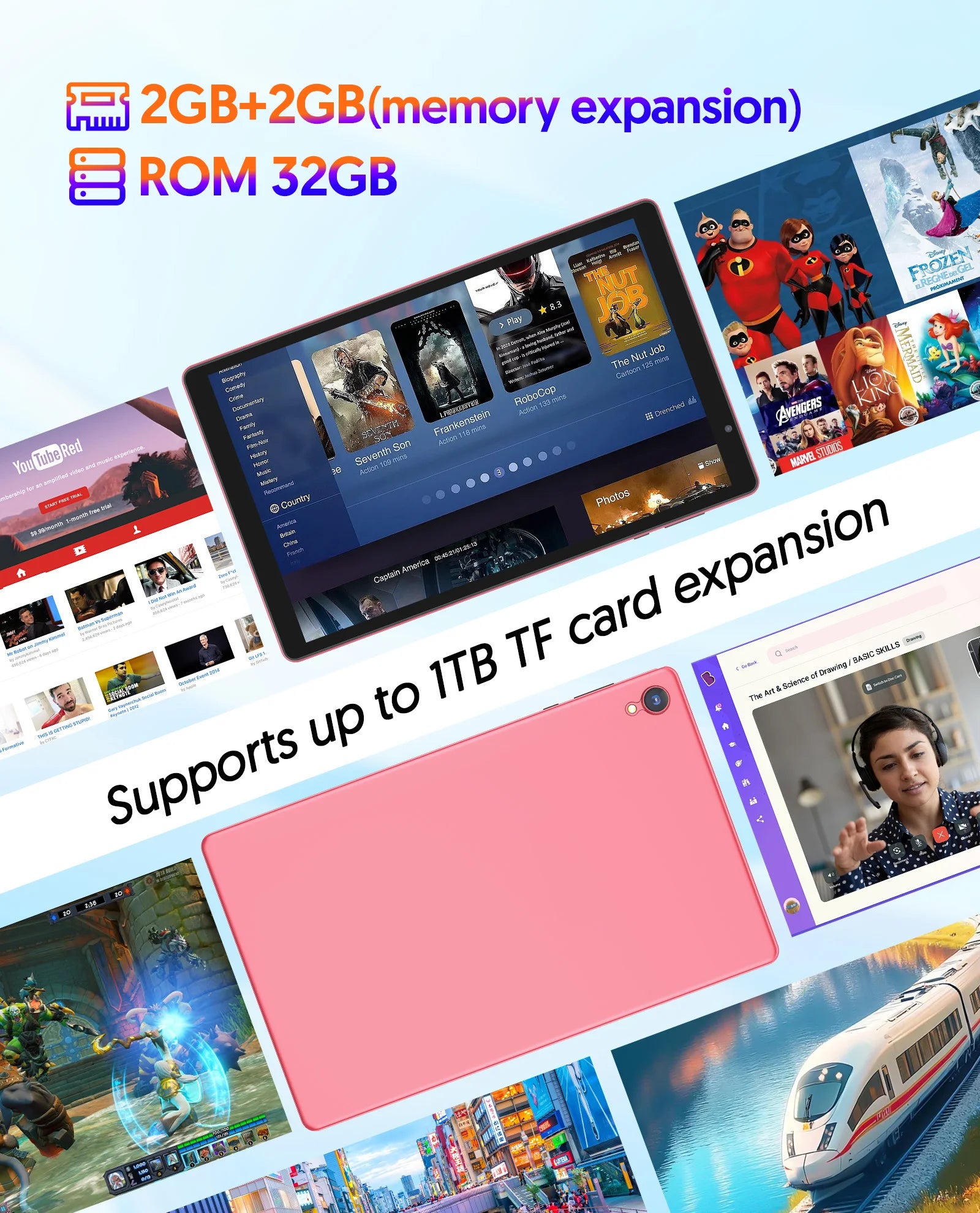 Tablet Android de 10 polegadas, 4 GB (expansão de memória 2 g + 2 g) RAM + 32 GB ROM, tela IPS de 1280 x 800, câmeras duplas, WiFi, Bluetooth, alto-falante duplo