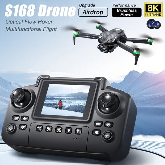 Drone S168 RC 2025 com tela de 2,4 polegadas, motor sem escova, câmeras duplas 8K HD, posicionamento de fluxo óptico, aeronave de brinquedo com prevenção inteligente