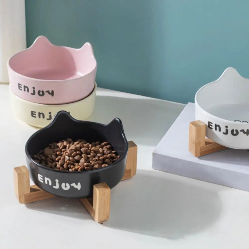 Tigela de cerâmica para animais de estimação, tigela fofa simples/dupla, bacia de alimentação para cães, grande capacidade com suporte, alimentador para animais de estimação, proteção para o pescoço