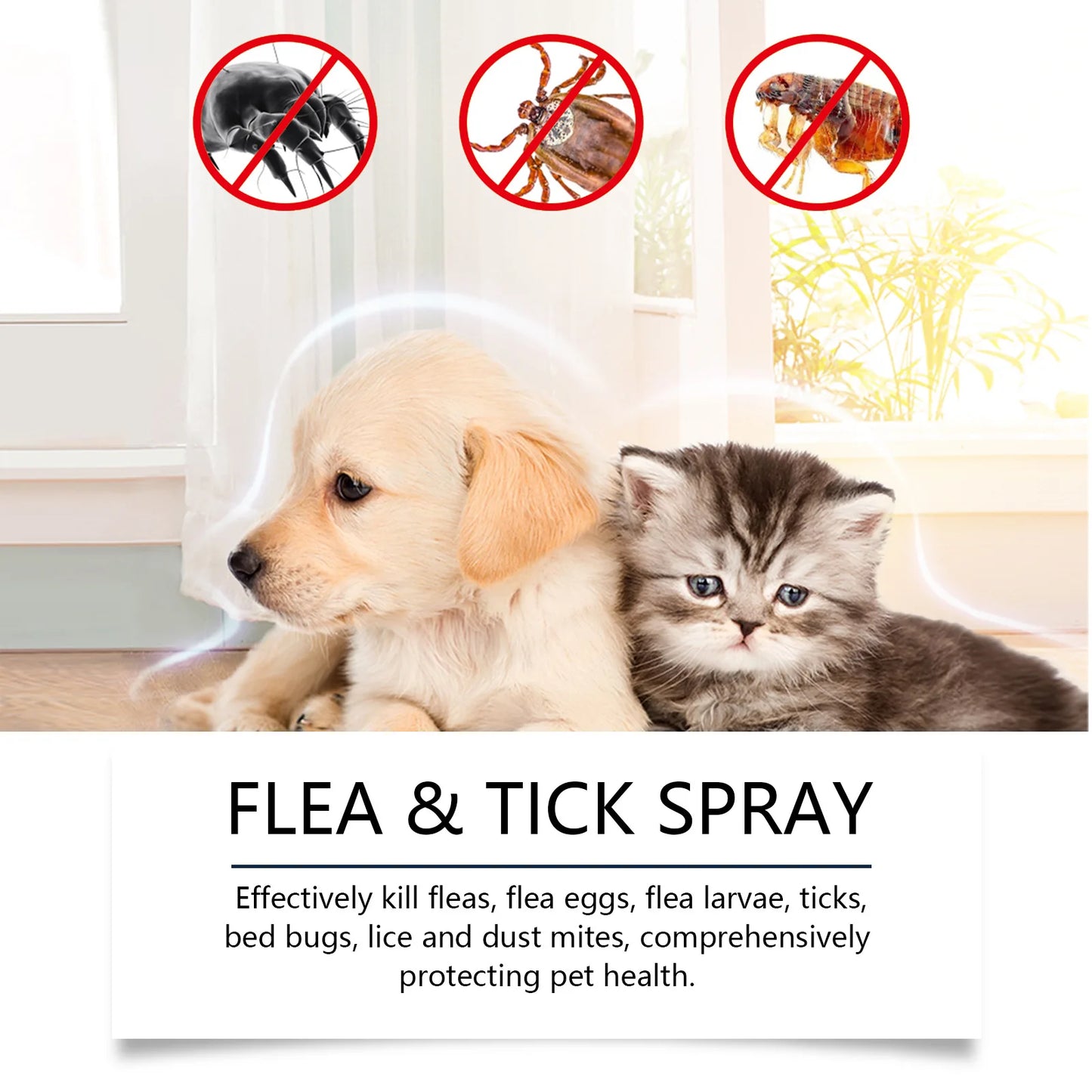 Spray removedor de ácaros para gatos e cães, mata pulgas, alivia coceira, remove carrapatos, tratamentos para alergia em gatos, spray anti-piolhos e insetos para cuidados com a pele de animais de estimação