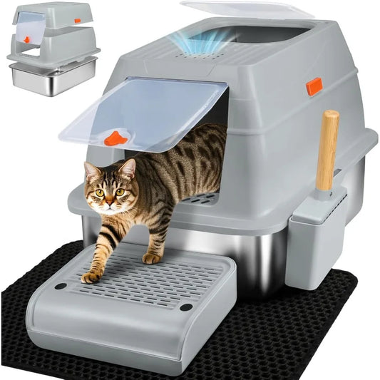 Caixa de areia XL de aço inoxidável com design de saída superior para gatos grandes. Superfície antiaderente que evita aglomeração. Carvão ativado avançado.
