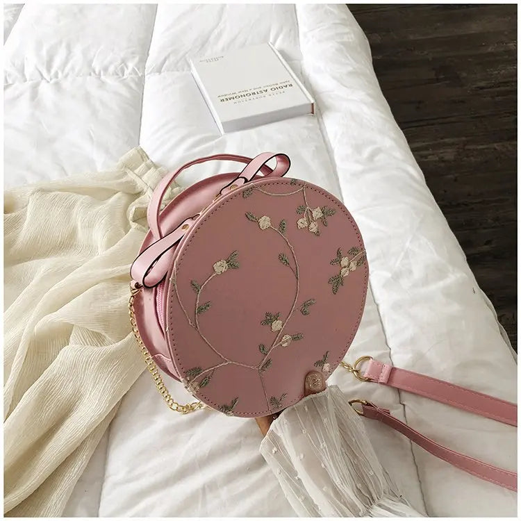 Bolsas redondas de renda doce de couro PU de alta qualidade para mulheres, bolsas crossbody para mulheres 2025, pequena corrente de flores frescas, ombro