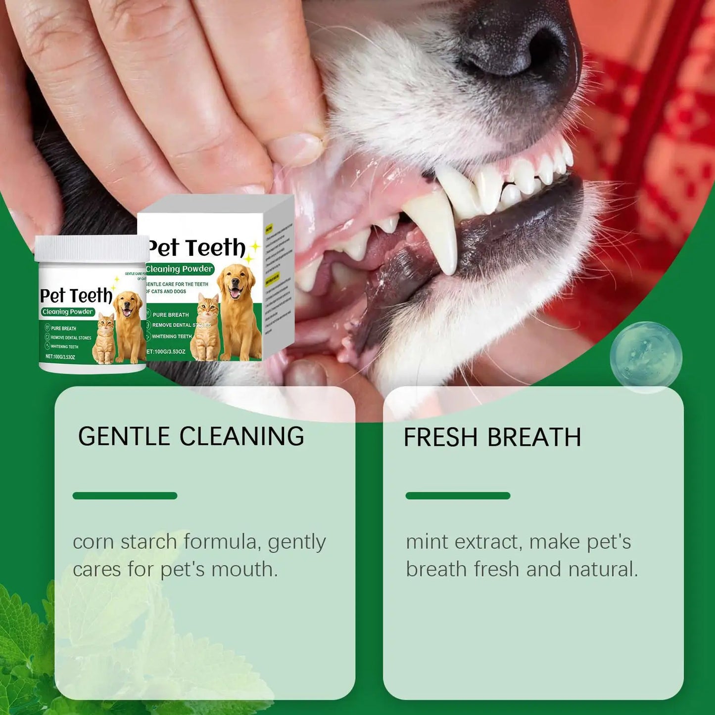 Pó para dentes de cães, removedor de mau hálito para dentes, produtos de limpeza suaves e duradouros, suprimentos para animais de estimação resistentes a odores
