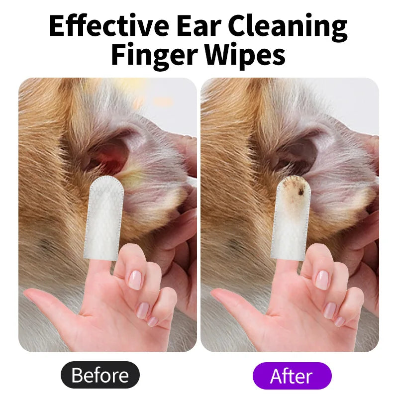 Produtos para limpeza de orelhas de animais de estimação, lenços umedecidos para limpeza de orelhas de animais de estimação, protetores de ouvido para os dedos, remoção de ácaros de orelhas para cães e gatos