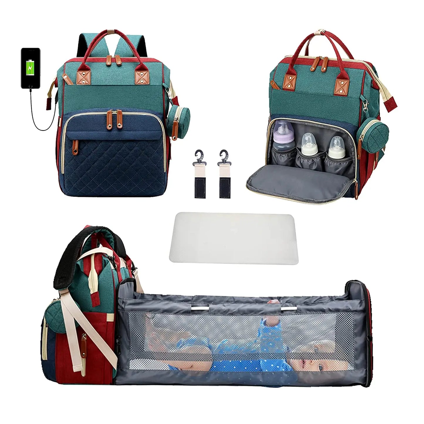Mochila para fraldas 3 em 1, dobrável, para berço de bebê, à prova d'água, com carregador USB, mochila para fraldas e trocador, 3 tipos